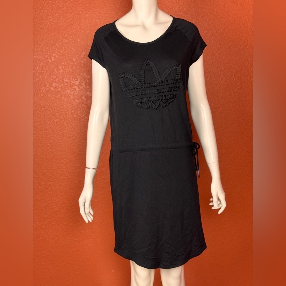 ADIDAS Originals Black Cotton 3D Trefoil Grosgrain Ribbon Logo Dress Size S. E6